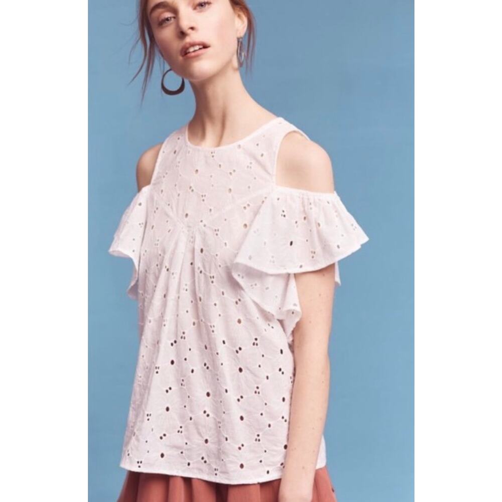 🧺 5 for $25 Sale Anthro Maeve Eyelet Ruffle Cold Shoulder Top XS White Coquette